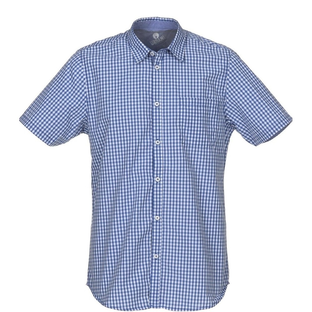 NWT Chef Works Men's Small Short Sleeve Blue Checkered Button Up Collared Shirt